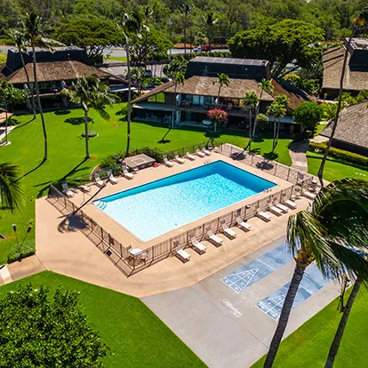 Aerial view of large pool, shuffleboard and property