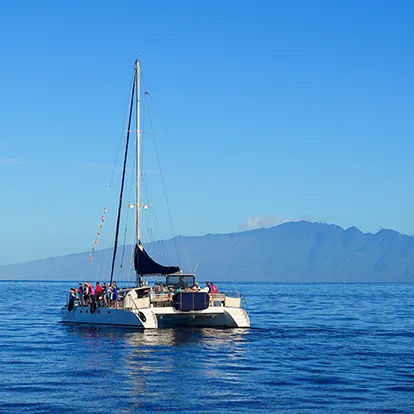 Catamaran sailboat in the Pacific Ocean between Maui and Lanai islands