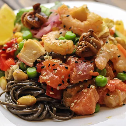 soba pasta with seafood and vegetables